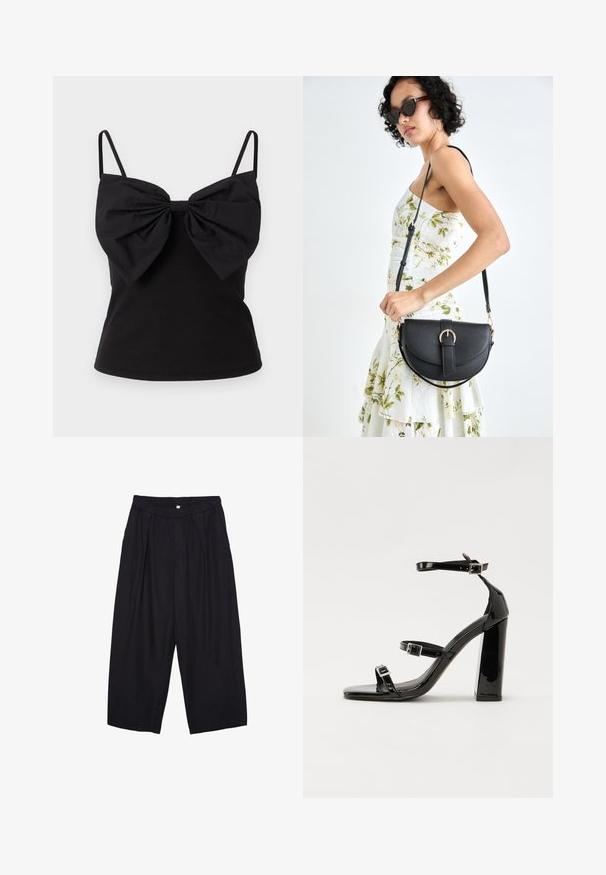 ONLY ONLFILIPPA BOW - Top - black; Black polyester culotte pants with an elastic waistband, two front pleats, and a loose silhouette. No visible patterns or hardware details.; Black patent heeled sandals with a square toe, ankle straps, and silver buckles. Features a chunky block heel for stability.; Black leather handbag with a curved shape, detachable strap, and gold hardware. The bag features a flap with a buckle detail.