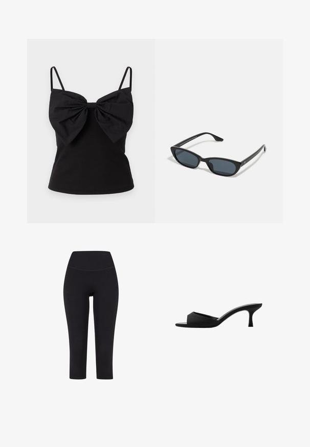 ONLY ONLFILIPPA BOW - Top - black; Leggings neri a tre quarti realizzati in tessuto elasticizzato, con una vita alta e senza motivi o hardware visibili.; Mule nere con tacco alto, dotate di una punta larga e aperta e di una parte superiore curva. Realizzate in tessuto texture, presentano un tacco sottile e una suola liscia.; Occhiali da sole cat-eye neri con lenti scure, montatura in plastica, stanghette sottili e una leggera marca sulla parte interna del braccio. Finitura opaca.