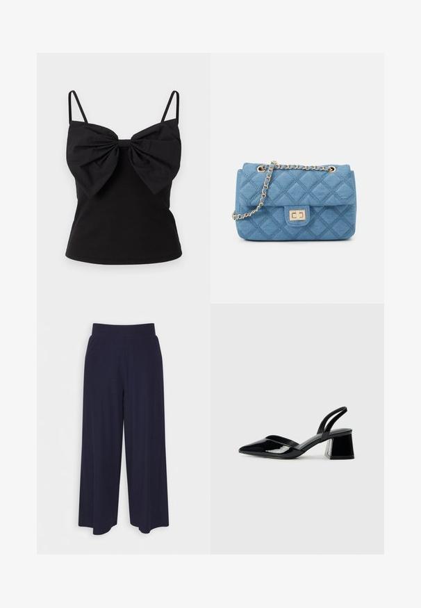ONLY ONLFILIPPA BOW - Top - black; Wide-leg trousers in dark navy fabric with a ribbed texture. Features a smooth waistband and a flowy silhouette, reaching mid-calf length.; Black patent leather slingback heels with a pointed toe and a geometric block heel. Features a sleek, minimal design and smooth texture.; ONLY ONLFLORENCE CROSSBODY BAG - Cross body bag - blue denim/gold