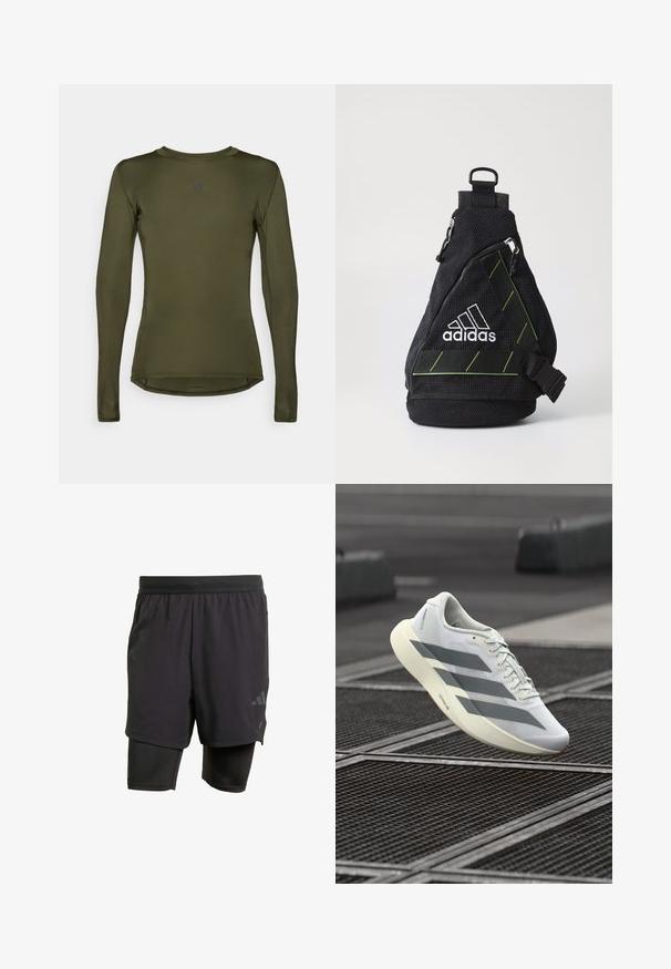 Pikad varrukad spordijakk oliivirohelises, valmistatud siledast ja venivast kangast. Omab ümmargust kaelust ja diskreetset logo rinnaosal.; Mustavad sportlikud lühikesed püksid integreeritud sisekihiga, valmistatud hingavast kangast. Omab diskreetset logo ja struktureeritud tekstuuri. Reguleeritav vöökoht.; Valge sportlik jalanõu tekstureeritud võrgus ülaosaga, hallide triipude ja pehmendusega tallaga. Kerge disain, sobib jooksmiseks.; Must mustri sling-kott mustri pinnaga, valge logo, rohelised aktsendid, reguleeritav rihm ja esine lukuga tasku. Kompaktne ja kolmnurkne kuju.