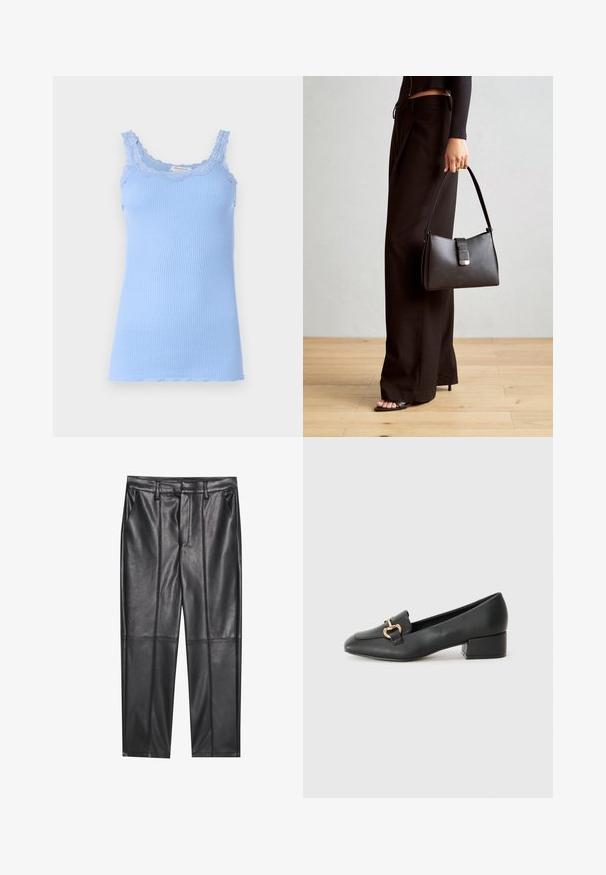 Hele sinine ribidesega särgike, mille kaelaaugu ja rihmade ääres on pitsäär. Omab keha joonise järgi vormitud kujundust ning lainelist allääret.; Mustad nahkpüksid sileda tekstuuriga, sirge lõikega, kahe eesmine taskuga ja nähtavate õmblusteta.; Mustad nahast loafers madala kontsaga, millel on esiküljel dekoratiivne kuldne detalj ja sile tekstuur.; Must musta kott, millel on struktureeritud kuju, sile tekstuur ja metallist klamber. Kombineeritud laiate mustade pükstega ja avatud varvaste sandaalidega puidust põrandal.