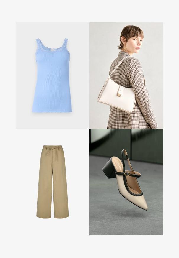 Top de alças canelado azul claro com acabamento de renda ao longo da gola e tiras. Apresenta uma silhueta ajustada e uma bainha ondulada.; Calças largas bege com cintura alta, cordão para ajuste e dois bolsos laterais, feitas de um tecido leve e suave.; Sandal de biqueira pontuda em bege com acabamento preto, fivela dourada e um salto bloco sólido, em um chão cinza com fundo verde escuro.; Bolsa de mão em couro branco com um design estruturado, apresentando um fecho magnético e uma alça de ombro, exibida sobre um fundo neutro.