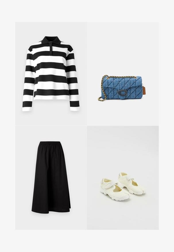 Polo à manches longues noir et blanc à rayures, avec un col, présentant une patte de boutonnage et un tissu lisse et texturé.; Jupe noire arrivant aux genoux, fabriquée en matériau léger avec une taille élastique et une silhouette décontractée en A. Ne présente aucun motif visible.; Baskets blanches en mesh avec un design structuré, présentant une sangle Velcro et des côtés découpés, un tissu texturé et une semelle épaisse.; Sac en jean matelassé bleu avec une bandoulière en chaîne dorée et un accent logo doré bien visible à l'avant. Forme rectangulaire compacte.