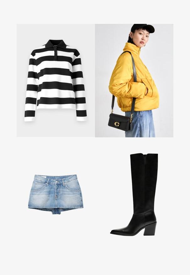 Svart- och vitrandig långärmad polo skjorta med krage, med en knapplist och en mjuk, strukturerad tyg.; Denimshorts i ljusblått med en urtvättad look. Har fem fickor och knäppning fram. Klassisk skärning med rak fåll.; Svarta knästövlar i släthet läder, med spetsig tå, blockklack och ett V-format urtag högst upp.; Gul vadderad jacka med hög krage och framficka, ihop med en svart crossbody-väska med gulddetaljer. Avslappnade denimbyxor.