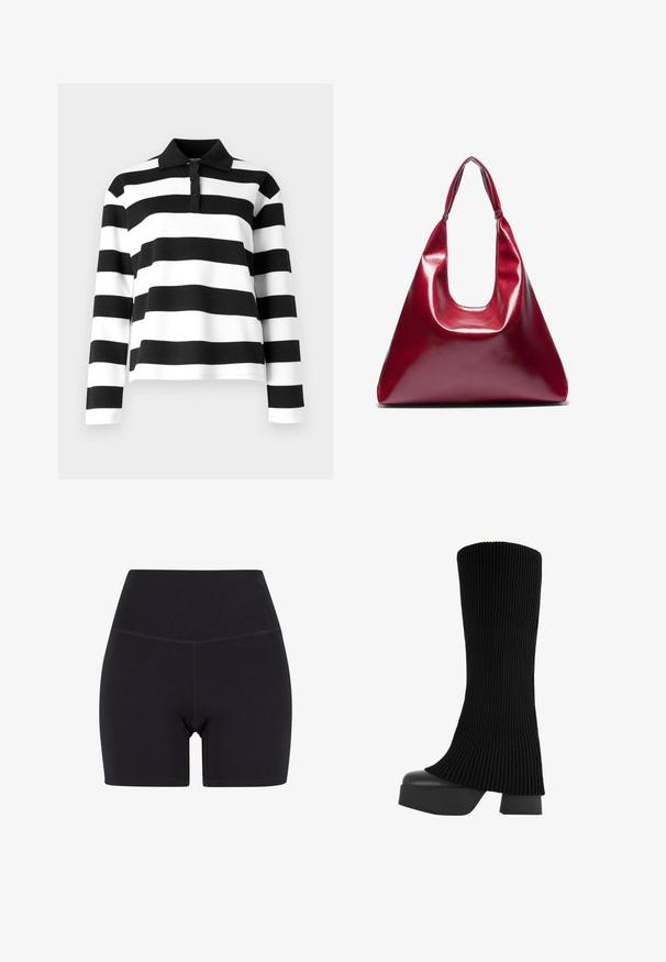 Čierna a biela pruhovaná polokošeľa s dlhým rukávom a golierom, so zapínaním na gombíky a hladkým, textúrovaným materiálom.; Čierne šortky s vysokým pásom vyrobené z elastického materiálu. Obsahujú elastický pás, hladký povrch a dĺžku do polovice stehna s bezšvovým dizajnom.; Čierne vysoké čižmy po kolená s ribbed textíliou, robustnou platformou a blokovým podpätkom, s hladkou textúrou a elegantným, moderným dizajnom.; Červená lesklá kožená kabelka trojuholníkového tvaru so širokým vrchným otvorom a jedným zakriveným uchom. Hladký povrch s minimálnymi švami.