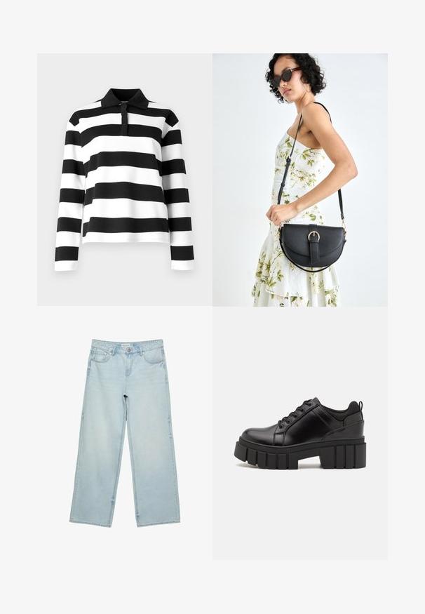 Černobílý pruhovaný polokošile s dlouhým rukávem a límečkem, která má knoflíkovou légou a hladkou, strukturovanou tkaninu.; Světlé modré široké džínové kalhoty s vysokým pasem, pěti kapsami a jemným vyblednutím. Rovný střih s lemem.; Černé kožené platformové boty s masivním blokovým podpatkem, kulatou špičkou a tradičním šněrováním. Mají hladký povrch a minimální detaily.; Černá kožená kabelka s křivkovým tvarem, odnímatelným popruhem a zlatými detaily. Kabelka má klopu s přezkou.