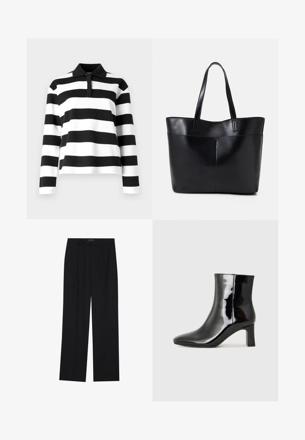 Polo a maniche lunghe a righe bianche e nere con colletto, dotato di patta con bottoni e un tessuto liscio e testurizzato.; Pantaloni neri con un design a gamba dritta, dotati di due tasche frontali e di una vita. Realizzati in un tessuto morbido e leggero.; Stivaletto in pelle verniciata nera con punta a punta e tacco a blocco di altezza media. Texture liscia e design minimalista.; Borsa a tracolla in pelle nera con due manici lunghi, una texture liscia e una forma strutturata. Presenta una tasca frontale per ulteriore spazio di archiviazione.