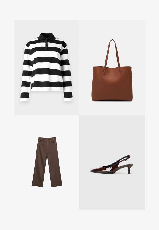Polo à manches longues noir et blanc à rayures, avec un col, présentant une patte de boutonnage et un tissu lisse et texturé.; Jean brown à jambes larges en denim, doté d'une taille haute, de poches avant et d'une fermeture à bouton classique. Texture lisse avec des coutures subtiles.; Chaussure slingback en cuir verni marron avec un bout pointu et un talon modéré. Elle est dotée d'une sangle à boucle pour un ajustement sécuritaire. Texture lisse.; Sac fourre-tout en cuir marron avec une texture lisse, design à ouverture supérieure et deux poignées pour le porter à l'épaule. Présente des coutures minimales et aucun matériel visible.