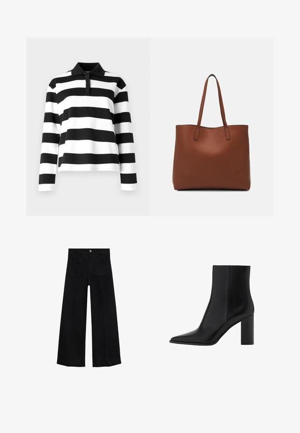 Černobílý pruhovaný polokošile s dlouhým rukávem a límečkem, která má knoflíkovou légou a hladkou, strukturovanou tkaninu.; Široké černé denimové kalhoty s vysokým pasem, předními kapsami, poutky na opasek a knoflíkovým zapínáním.; Černé kožené kotníkové boty s špičatou špičkou, čtveratým podpatkem, hladkou texturou a švy podél spojů. Výška podpatku je přibližně 8,9 centimetrů.; Hnědá kožená taška přes rameno s hladkou texturou, otevřeným designem a dvěma ramenními popruhy. Obsahuje minimální švy a žádné viditelné kovové prvky.