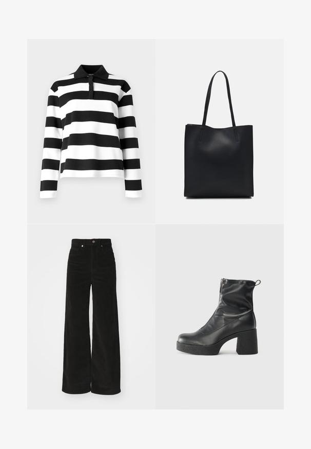 Svart og hvit stripete langermet polo skjorte med krage, som har en knappestolpe og et glatt, strukturert stoff.; Svarte corduroy vidde bukser med høy midje, med to frontlommer og metall knappelukking. Teksturert stoff med vertikale rader.; Svarte ankelstøvler laget av glatt lær, med glidelås på siden, chunky strukturert hæl, og rund tå-design.; Svart lær tote bag med glatt tekstur, rektangulær form og to lange håndtak. Ingen synlige deler eller dekorasjoner.