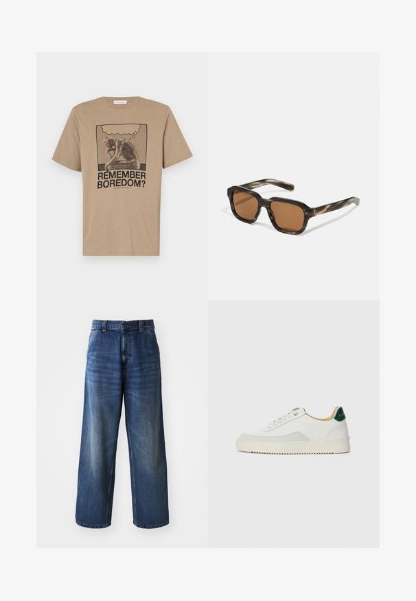Beżowa koszulka bawełniana z grafiką przedstawiającą postać w zamyśleniu oraz napisem "CZY PAMIĘTASZ NUDĘ?" wydrukowanym na czarno. Klasyczny krój z okrągłym dekoltem.; Jeans z wysokim stanem w niebieskim kolorze, o szerokim kroju, z delikatnym wyblaknięciem, przednimi kieszeniami i zapięciem na guzik w pasie.; Białe trampki z zamszowymi akcentami, zaokrąglony czubek, płaskie sznurowadła i kremowa gumowa podeszwa. Posiadają zielone logo na pięcie.; Plasticzne okulary przeciwsłoneczne w wzór żółwia, o ośmiokątnych brązowych soczewkach oraz cienkich złotych akcentach na oprawie.