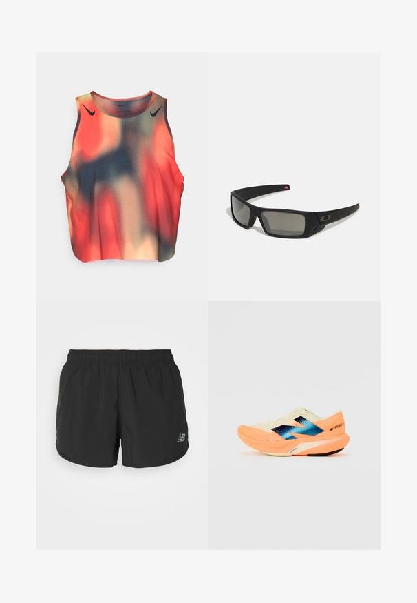 Top atlético sin mangas, con un patrón en degradado de rojo, naranja y azul oscuro; fabricado en una tela suave y elástica. Detalles del logo en negro.; Pantalones cortos deportivos negros con cinturilla elástica, hechos de tela ligera. Presenta un pequeño logo gris en la parte inferior derecha.; Zapatilla de running con un upper ligero en color crema, branding azul y acentos naranjas en la suela. Textura de malla para mayor transpirabilidad.; Gafas de sol negras con acabado mate, lentes rectangulares, ligera curvatura en las patillas, sutil detalle del logo y lentes ahumados.