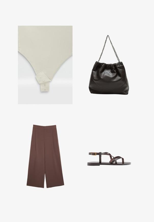 Body color crema con una texture liscia, caratterizzato da un dettaglio colletto con bottoni e un taglio triangolare aderente nella parte inferiore.; Pantaloni ampi marroni con una texture liscia, caratterizzati da una vita alta e pieghe frontali. Il tessuto è leggero e scorre liberamente.; Sandal in pelle marrone con cinturini incrociati, chiusura con cinturino alla caviglia e suola piatta con dettagli di cucitura minimi.; Borsa in pelle marrone con parte superiore arricciata e tracolla a catena. Texture liscia con finitura lucida e dettagli di cucitura sottili sui lati.