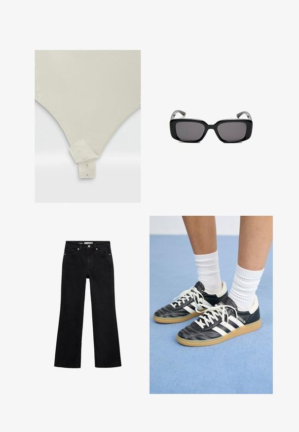 Cremfarbener Bodysuit mit glatter Textur, ausgestattet mit einem geknöpften Kragen und einem eng anliegenden, dreieckigen Schnitt am unteren Ende.; Schwarze, ausgestellt geschnittene Jeans aus Denim mit hoher Taille, ausgestattet mit vorderen Taschen und einem rohen Saum. Einheitliche Farbe, mittelschwerer Stoff mit leichter Textur.; Schwarze Ledersneaker mit weißen Streifen, runder Zehenpartie, weißen Schnürsenkeln und Gummisohle. Abgerundet durch gepolsterten Kragen und Branding-Details.; Schwarze rechteckige Sonnenbrille mit dunklen Gläsern, glattem Kunststoffrahmen und gebogenen Bügeln. Das Design ist klobig mit einer minimalistischen Ästhetik.