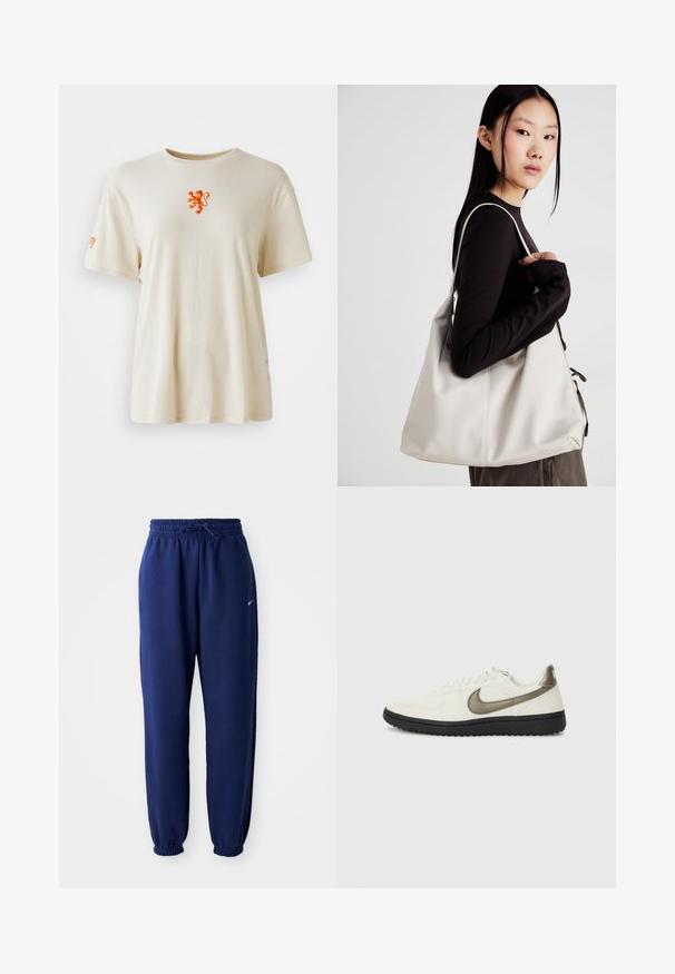 Beež puuvillane T-särk ümmarguse kaelusega. Rinnal on oranž lõviembleem ja varrukal oranž logo. Lühikesed varrukad.; Tumesinine dressipluus, mis on valmistatud pehmest kangast, elastse vöökoha ja nööriga, elastsete mansettide ning väikese valge logoga.; Nike Sportswear FIELD GENERAL - Tossud - off-white/black; Bež käekott pehme materjali, millel on lõtv disain, õmblustega detailid ja kaks õlarihma. Sobib igapäevaseks kasutamiseks.