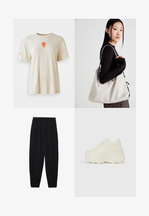 Beež puuvillane T-särk ümmarguse kaelusega. Rinnal on oranž lõviembleem ja varrukal oranž logo. Lühikesed varrukad.; Mustad, kerge kangas püksid elastse vöökoha ja kokku volditud pahkluudega. Kanga pind on sile ja disain on lõdvestunud, kitsenev.; Valged platvormi tõusukingad, millel on siledast nahast meenutav pealis, ümar kuju, pehmendatud kaelus ja tekstureeritud kummitald koos selgete hüdrofoobsete mustritega.; Bež käekott pehme materjali, millel on lõtv disain, õmblustega detailid ja kaks õlarihma. Sobib igapäevaseks kasutamiseks.