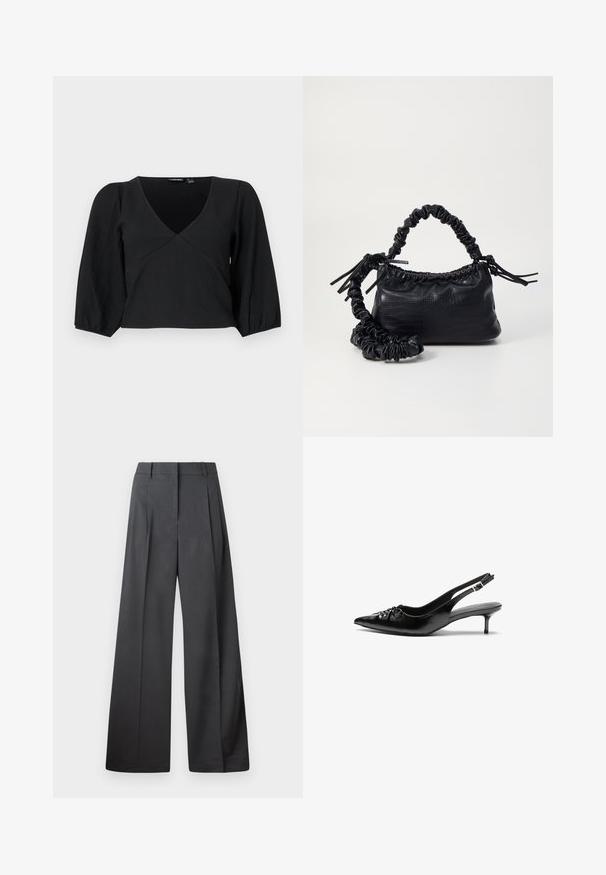 Pulôver preto texturizado com decote em V, apresentando mangas longas e bufantes e um design em estilo envolvente.; Calças de perna larga em tecido cinza escuro, apresentando uma cintura alta, pregas simples e uma textura suave com um acabamento limpo nas bainhas.; Sapatos de salto alto slingback em couro preto com bico fino, pequeno salto kitten e um detalhe decorativo em forma de nó na parte da frente. Textura suave em toda a parte.; Bolsa de mão em couro sintético preto com textura de crocodilo, topo franzido e alça enrugada. Apresenta um design suave e compacto.