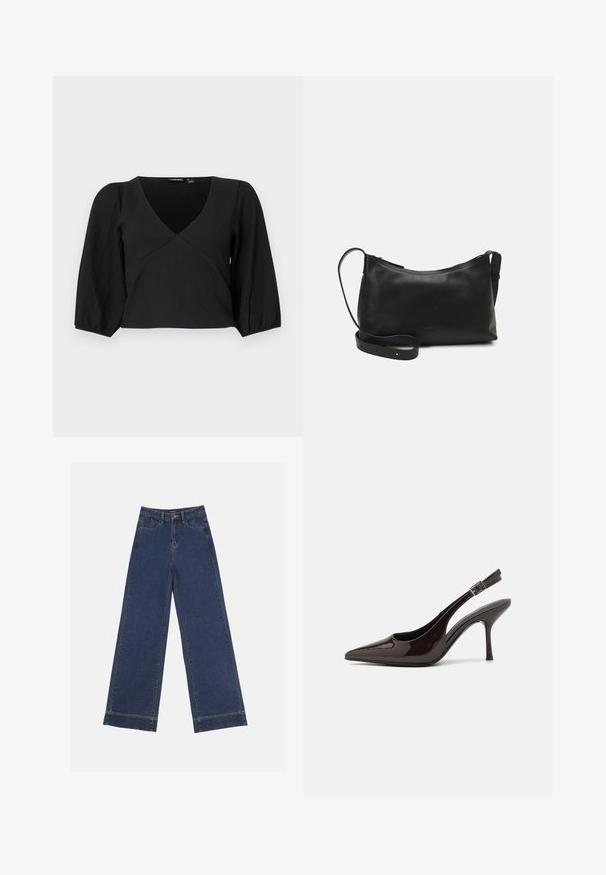 Black, textured pullover top with a V-neck, featuring long, puffed sleeves and a wrap-style design.; Wide-leg jeans in dark blue denim. Features five pockets, belt loops, and a raw hem at the bottom with visible stitching details.; Slingback high-heeled shoe in glossy dark brown patent leather, pointed toe, open sides, and adjustable ankle strap.; Black leather shoulder bag with a smooth texture, curved shape, adjustable strap, and a zip closure. Minimalist design without embellishments.