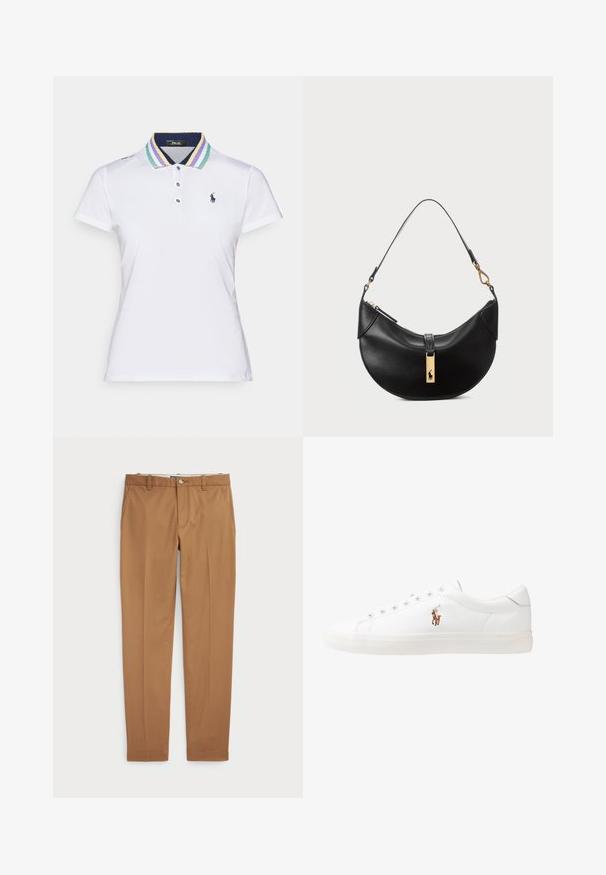 Polo Ralph Lauren Polokošeľa - ceramic white/corn yellow/multi-coloured; Hnedé bavlnené nohavice so slim-fit strihom, plochým predným dielom a štandardnými vreckami; hladká textúra a obháčkované manžety.; Biele kožené tenisky s nízkym strihom, s hladkou textúrou, okrúlym špičkou, šnurovaním vpredu a malým vyšitým logom na boku.; Čierna kožená kabelka v tvare polmesiaca. Obsahuje zlaté kovové doplnky a úzku rúčku. Hladká textúra, zips na vrchu.