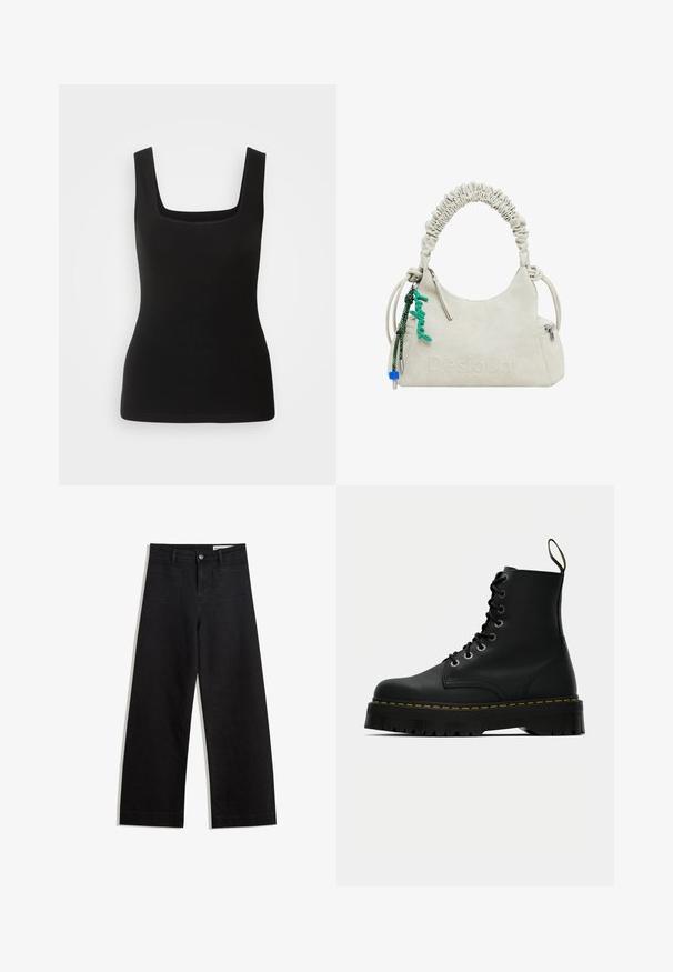 Svart ärmlös linne med kvadratisk halsringning, tillverkat av ett slätt tyg; åtsittande design utan mönster eller metallaccenter.; Svarta vida denimbyxor med hög midja, med fram- och bakfickor, sydda sömmar och knappstängning. Slät textur.; Svarta läder snörade ankelstövlar med en kraftig texturerad gummisula och gul sömdekoration runt plattformen.; Off-white konstläderhandväska med rynkad handtag, dragkedjefack och grön charm. Slät textur, diskret präglad logotyp och stilren design.