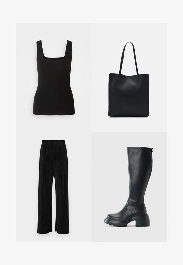 Juodas be rankovių marškinėlis su kvadratiniu iškirpimu, pagamintas iš lygios medžiagos; prigludęs dizainas be raštų ar detalių.; Juodi plisuoti kelnės su elastine juosta. Turėkite plačias kojas ir glotnų, tekstūrinį audinį su vertikaliais dryžiais.; Ilgas juodos odinės batai su masyvi platforma ir stačiakampiu kulnu, turintys traukimo kilpą ir tekstūruotą pado raštą.; Juodas odinis tote krepšys su lygia tekstūra, stačiakampio formos ir dviem ilgais rankenomis. Matomų metalinių detalių ar puošybos nėra.