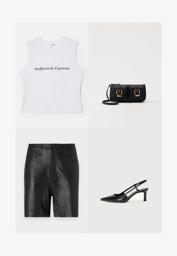 Valge ilma varrukateta lühikese topp, millel on must kiri "Inoffensively Expensive", valmistatud pehmest puuvillast, millel on sile tekstuur.; Mustad nahast lühikesed püksid sileda tekstuuriga, eesosa on lukuga, nööbi kinnitusega ja klassikalise viie tasku kujundusega.; Mustmust paelad, millel on terav varvas, tekstuuriga maduprindiga, reguleeritav rihm ja lühike tekstuuriga plokknina.; Must küllastamata nahast õlakott, millel on kaks esist nähtavat taskut, kuldsed pandlad, tõmblukuga sulgemine ja peen rihm. Tekstuuriga pind ja kompaktne ristkülikukujuline kuju.