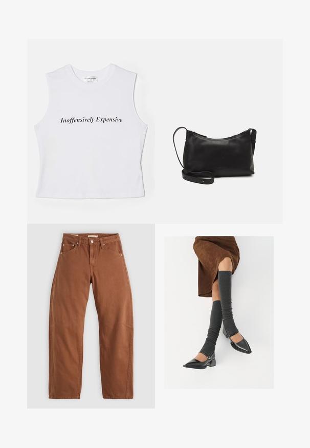 Valkoinen hihaton crop-top, jossa on musta teksti "Inoffensively Expensive", valmistettu pehmeästä puuvillasta ja sileästä kankaasta.; Ruskon väriset suorat lahkeet, joissa on etu- ja takataskut, metalliset niitit, napitus ja vyölenkit, asetettuna tasaiseksi valkoista taustaa vasten.; Musta lakattu nahkakengät teräväkärkisillä, leveällä kantapäällä ja nilkkahihnalla, yhdistettynä harmaisiin ribattuihin säärystimiin ja ruskeaan mokkasiinimekkoon.; Musta nahkainen olkalaukku, jossa on sileä pinta, kaareva muoto, säädettävä hihna ja vetoketjukiinnitys. Minimalistinen muotoilu ilman koristeita.