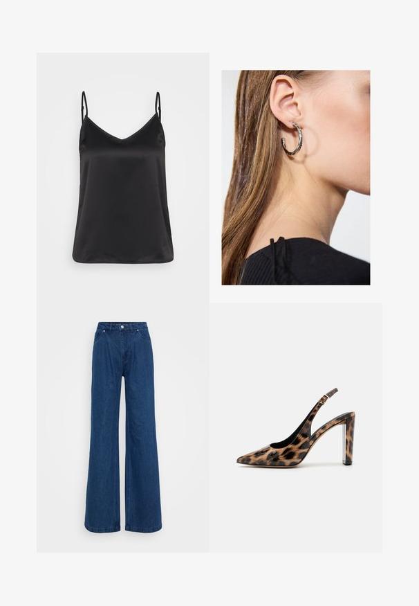 Zwarte satijnen camisole met een V-hals, dunne verstelbare bandjes en een gladde, glanzende textuur. Geen patronen of extra accenten.; Blauwe denim jeans met wijde pijpen en een hoge taille, voorzien van een knoop- en ritssluiting aan de voorkant, en voor- en achterzakken op een effen achtergrond.; Leopardprint slingback pump met een spitse neus en een transparante blokhak. Gemaakt van glanzend materiaal met een gladde textuur.; Zilveren oorbel met een gepolijste afwerking, met kleine gouden accentdetails en een ronde vorm, gedragen op de oorlel.