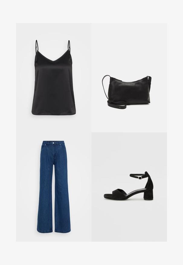 Črna satenasta kamizola z V-izrezom, tankimi nastavljivimi naramnicami in gladko, sijajno teksturo. Brez vzorcev ali dodatnih okraskov.; Široke modre jeans hlače z visokim pasom, sprednjim gumbom in zadrgo ter sprednjimi in zadnjimi žepi na enobarvni podlagi.; Črne zamshe sandale na peto z tankim trakom okoli gležnja, odprto konico in zmerno blok peto. Gladka tekstura in minimalni detajli.; Črna usnjena torba čez ramo z gladko teksturo, ukrivljeno obliko, nastavljivim trakom in zadrgo. Minimalističen dizajn brez okrasnih detajlov.