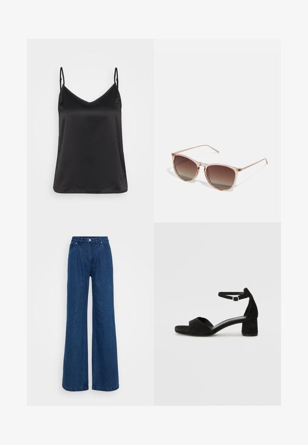 Černá saténová košilka s výstřihem do V, tenkými nastavovacími ramínky a hladkým, lesklým povrchem. Žádné vzory ani další akcenty.; Široké modré džínové kalhoty s vysokým pasem, zapínáním na knoflík a zip, a předními a zadními kapsami na jednobarevném pozadí.; Černé sametové sandály na podpatku s tenkým řemínkem kolem kotníku, otevřenou špičkou a skromným blokovým podpatkem. Hladká textura a minimální akcenty.; Hnědé sluneční brýle s gradientem, s průhledným růžovým rámem, čtvercovým tvarem a tenkými kovovými nohami. Charakterizovány zaoblenými hranami a minimálním zdobením.; Modrá tkaná šála s třásněmi na koncích, hladká textura, obdélníkový tvar a jednotná barva po celém povrchu. Vhodná do chladného počasí.