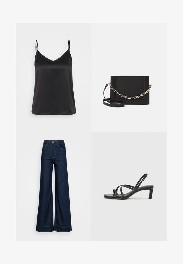 Mustmust satiinist kampsuun V-kaelusega, õhukeste reguleeritavate rihmadega ja sileda, läikiva tekstuuriga. Ilma mustrite ja lisakaunistusteta.; Tumedatest sinisest kõrge vöökoht ja laiad puusasid ulatuvad teksad, millel on ees taskud, vööloopide, nööbi kinni keeramine ja nähtav õmblus valgel taustal.; Mustast rihmajalatsid ruudukujulise varba ja madala ploki kontsaga. Omab mitmeid õhukesi rihmasid ja reguleeritavat pahkluu rihma. Valmistatud siledast nahast.; Mustast nahast õlakott, mis omab siledat tekstuuri, ristküliku kuju ning esiküljel metallketi detaili. Reguleeritav rihm on kaasas.; Hõbedane kahekordne rõngas sujuva, poleeritud pinnaga. Omab voolavat, kõverat disaini, millel on kattuvad sektsioonid, et saavutada kaasaegne ilme.