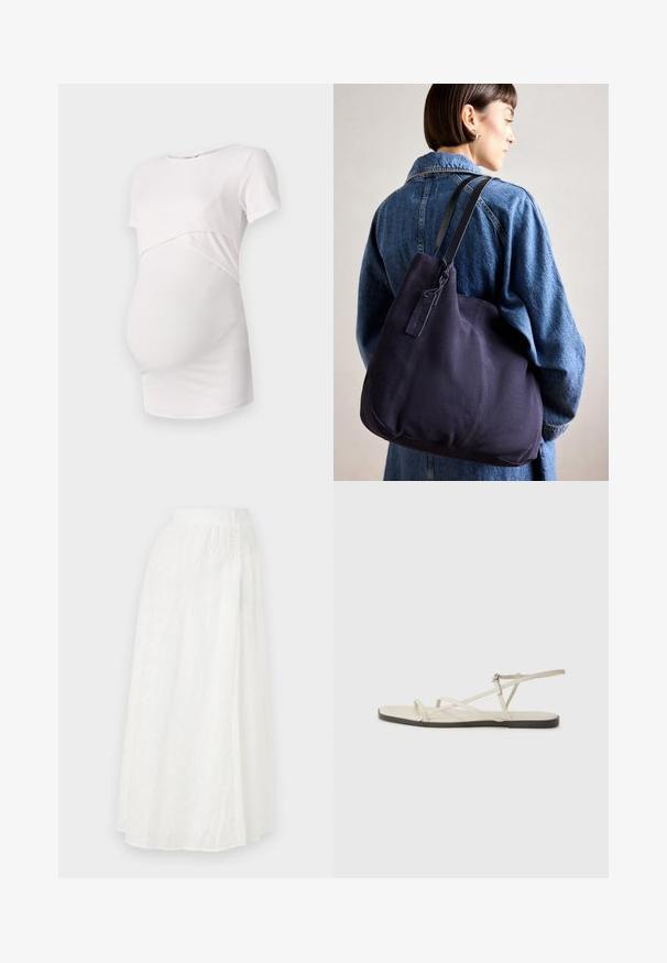 Világos rózsaszín kismama póló, rövid ujjú, bordázott textúrával, testhezálló kialakítással, a mellek alatt ívelt varrással, sima kontúrral a kényelem érdekében.; Fehér maxi szoknya rugalmas derékkal, texturált virágmintával és csipkeszerű kivágásokkal az anyagban.; Beige lapos szandál, amelyet több vékony pánt díszít, és állítható csattal rendelkezik. A talpa lapos, az élein enyhe sötét kontraszttal.; Tengerészkék vászon válltáska, puha, struktúrált formával, fekete pánttal, varrott részletekkel és egy kis márkajelzéssel.