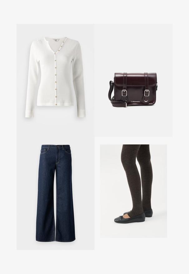 Witte lange mouw ribgebreide cardigan met een V-halslijn en gouden knoopaccenten aan de voorkant. Gladde textuur en een getailleerd ontwerp.; Stijlen met wijde pijpen in donkerblauw denim. Kenmerkt zich door contrasterende stiksels, vijf zakken en een knoopsluiting in de taille. Soepele textuur.; Zwarte platte schoenen met een kleine strikdetail op de neus, gecombineerd met donkerbruine geribbelde panty’s. De schoenen hebben een gladde textuur en een lage profiel.; Bordeaux patent leren crossbody tas met een rechthoekige vorm, twee banden, zilveren hardware en een klep sluiting.