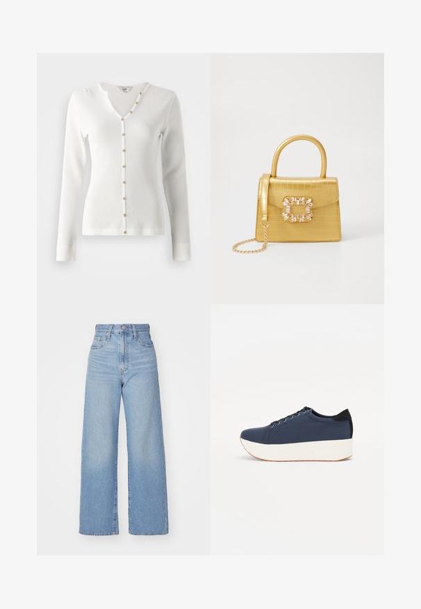 Vit långärmad ribbad cardigan med V-ringning och guldknappar som accentuerar framstycket. Slät textur och figurnära design.; Ljusblå högmidjade vida jeans med knapp- och dragkedjestängning, fram- och bakfickor, mot en vit bakgrund.; Marinblå sneaker med en strukturerad tygöverdela, vit plattformssula, rund tå och svart hälsaccent. Har sex hål för snörning.; Gul faux-krokodilhandväska med en strukturerad design, topphandtag, avtagbar kedjesladd och dekorativa kristalldekorationer på klämman.