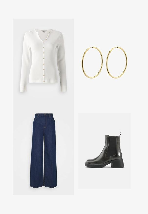 Bijela dugačka kardigan s rebrastim uzorkom, dugim rukavima i V-izrezom, ukrašen zlatnim dugmadi duž prednje strane. Glatka tekstura i prilagođeni dizajn.; Tamno plave traperice s visokim strukom i širokim nogavicama, s prednjim i stražnjim džepovima, zatvaračem na gumb i vidljivim detaljima šivanja.; Crne kožne gležnjače s glatkom završnom obradom, elastičnim bočnim panelima i debelim potplatom. Imaju kuku za lakše obuvanje.; Zlatne okrugle naušnice s glatkom, poliranom završnom obradom, s tankim, kružnim dizajnom. Konstrukcija je lagana i bez šavova.