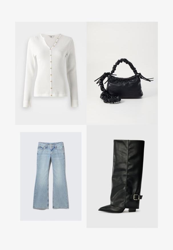 Cárdigan largo de manga larga blanco con escote en V y acentos de botones dorados en el frente. Textura suave y diseño ajustado.; Weekday NOVA - Vaqueros slim fit - lip blue; Botas de cuero negro hasta el tobillo con punta afilada, textura suave y un detalle de hebilla plateada en el lado. Tacón cuadrado grueso.; Bolso de mano de imitación cuero negro con textura de cocodrilo, parte superior fruncida y correa arrugada. Presenta un diseño suave y compacto.