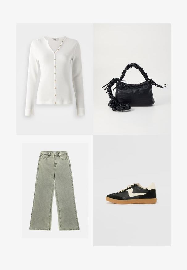 Cardigan bianco a maniche lunghe in maglia a coste con scollatura a V e bottoni dorati decorativi sul davanti. Texture liscia e design aderente.; Jeans a gamba larga in denim grigio chiaro, con vita alta, tasche frontali e orlo grezzo. La texture sfilacciata aggiunge interesse visivo.; Sneaker nera in suede e pelle con un sorriso laterale crema e un tallone di un leggero crema. Presenta lacci beige e una suola in gomma color caramello.; Borsa a tracolla in ecopelle nera con texture a coccodrillo, apertura cinchata e tracolla arricciata. Si presenta con un design morbido e compatto.