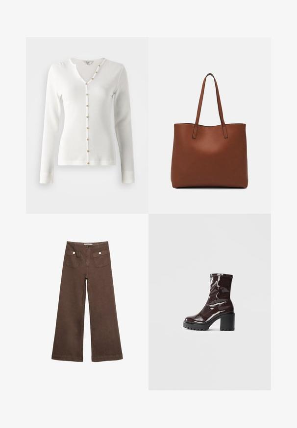 Witte lange mouw ribgebreide cardigan met een V-halslijn en gouden knoopaccenten aan de voorkant. Gladde textuur en een getailleerd ontwerp.; Bruine wijde broek van katoen, met twee voorzakken met zilveren knopen en een gladde textuur.; Glanzende bordeauxrode enkelboot met een chunky zwarte hak, met een gladde textuur en een eenvoudig ontwerp. Geen zichtbare sluitingen of patronen.; Bruine leren tote bag met een gladde textuur, een ontwerp met een open bovenkant en twee schouderbanden. Kenmerkt zich door minimale stiksels en geen zichtbare hardware.