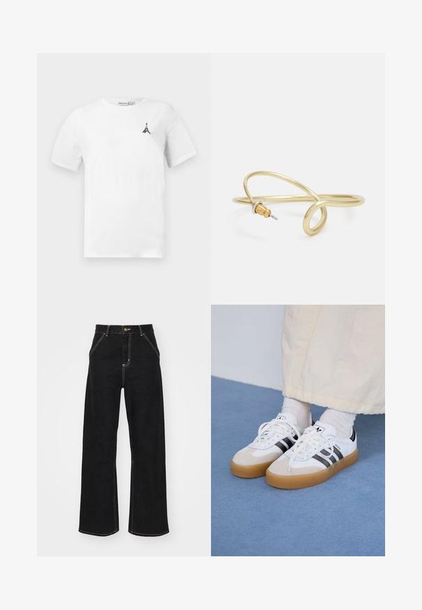 Balta kokvilnas T-kreklu ar apaļu kakla izgriezumu, kurā uz kreisā krūšu ir neliels melns Eifeļa torņa logo. Īsas piedurknes un brīvs griezums.; Melnas platajās biksēs, kas izgatavotas no denima, ar kontrastējošas baltas šuves un priekšējo pogu aizdari, kā arī divām slīpajām priekšējām kabatām.; Baltas sporta apavi ar melnām svītrām un beisīgo zamšādu akcentiem. Ievies struktūrētu gumijas zoli un izkārtotas baltas šnerves, valkāti ar gaišiem zeķēm.; Zelta krāsas metāla aproce ar šķidrām, viļņveidīgām formām. Vienā galā ir neliels, izteikts sudraba krāsas akcents.