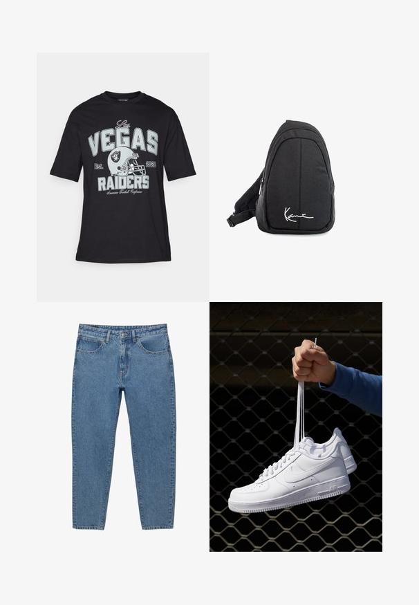 Svart t-shirt i bomull med ett grafiskt tryck av en fotbollshjälm och texten "Las Vegas Raiders" i ljusblått och vitt.; Blå denimjeans med rak benpassform, fem fickor och dragkedja. Har synlig sömnad och en blekt textur.; Vita lädersneakers med perforeringar, rund tå, platt sula och tjocka snörning, med en synlig swoosh-logga och "AIR" på hälen.; Svart tyg sling ryggsäck med en mjuk textur, med en rundad design, en dragkedjefack och en vit logotyp på framsidan.