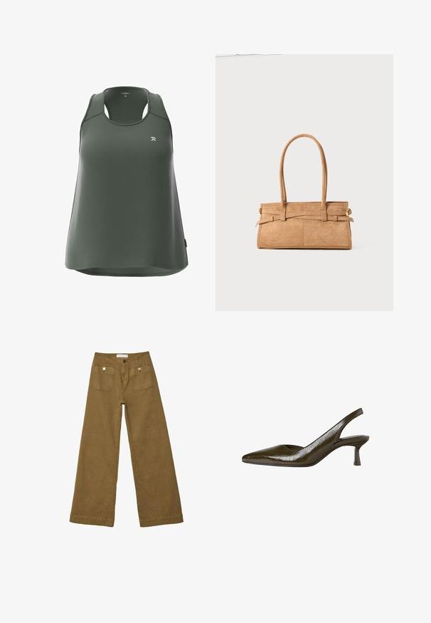 Groene tanktop van textuurstof, met een ronde halslijn, racerback ontwerp en subtiele logo op de borst.; Wijduitlopende broeken van olijfgroene stof, met een knoopsluiting aan de voorkant, twee voorzakken en zichtbare stiksels langs de zoom en randen.; Olijfgroene slingback pump met een spitse neus en een lage, slanke hak. Glanzende textuur met een licht gekreukt uiterlijk.; Tan suède handtas met twee lange hengsels, rechthoekige vorm en decoratieve stiksels. Beschikt over een zijriem en subtiele gouden hardware accenten.