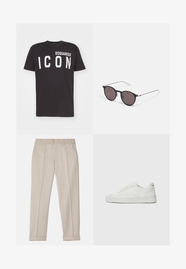 Black cotton T-shirt featuring a crew neck and short sleeves, with "DSQUARED2 ICON" printed in bold white letters on the front.; Filippa K TERRY CROPPED TROUSERS - Trousers - sage melange; White leather sneaker with a smooth finish, round toe, flat laces, and a textured sole. Features a subtle logo on the heel.; Black round sunglasses with dark lenses and slim metal arms. Includes clear temple tips and silver accents at the hinge. Minimalist design.