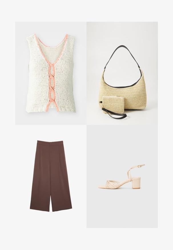 Pletený bezrukávový top v krémovej farbe s výstrihom do V, so zapleteným koralovým detailom vpredu. Textúrovaná tkanina s voľným strihom.; Hnedé nohavice so širokými nohavicami a hladkou textúrou, s vysokým pásom a prednými skladmi. Tkanina je ľahká a voľne sa pohybuje.; Béžové sandále na podpätku s pretiahnutým dizajnom na špičke, členkovým remienkom a blokovým podpätkom. Hladká textura, minimalistický štýl.; Tkaná slamenná kabelka s prehnutým siluetom, vybavená hladkým čiernym koženým popruhom a zodpovedajúcou malou taštičkou pripevnenou pomocou zápästného popruhu.