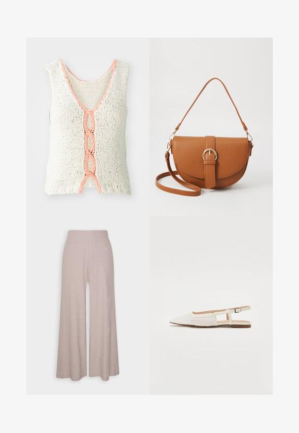 Kötött ujjatlan felső krémszínben, V-nyakkal, amely elöl fonott korall részlettel díszített. Texturált anyagból készült, laza fazonnal.; Világosszürke, bőszárú nadrág, puha, bordás anyagból készült, magas derékpánttal és teljes hosszúságú lábakkal, finom textúrával.; Hegyes orrú slingback cipő krém színű hálós anyagból, kockás mintával, két oldalsó bemetszéssel és lapos barna talppal.; Barna bőr keresztbody táska ívelt formával, aranyszínű fémrészekkel és csat díszítéssel. Levehető vállpánttal rendelkezik.