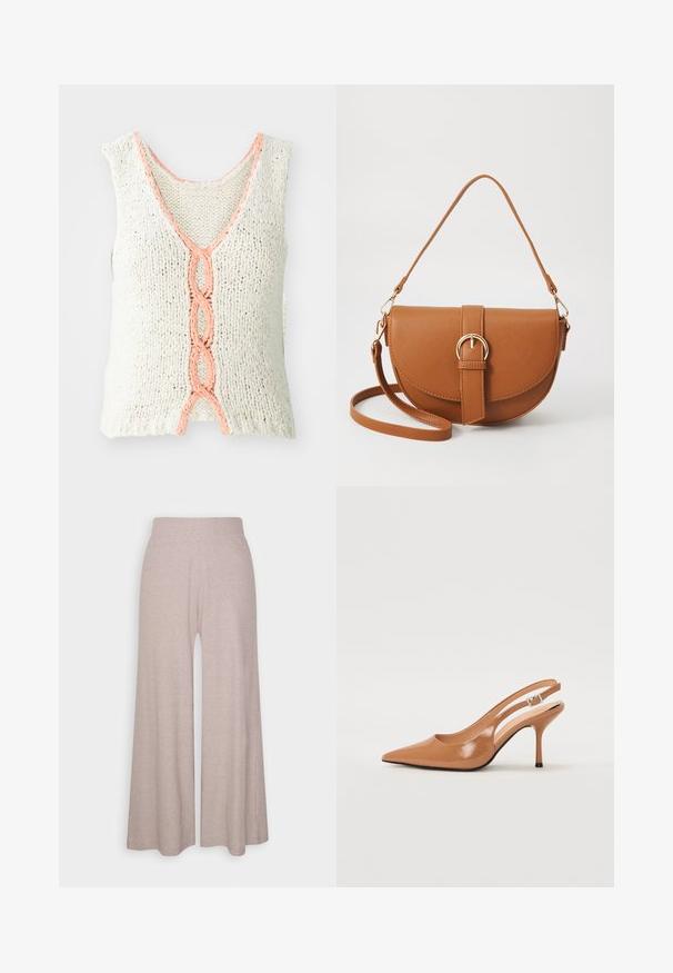 Knit sleeveless top in cream with v-neck, featuring a braided coral detail at the front. Textured fabric with loose fit.; Light grey wide-leg trousers made of soft, ribbed fabric, featuring a high waistband and full-length legs with subtle texture.; Pointed toe slingback heel in a smooth, glossy tan material. Features a curved cutout design and a slender stiletto heel. Silver buckle detail.; Brown leather crossbody bag with a curved shape, gold hardware, and a buckle accent. Features a detachable shoulder strap.