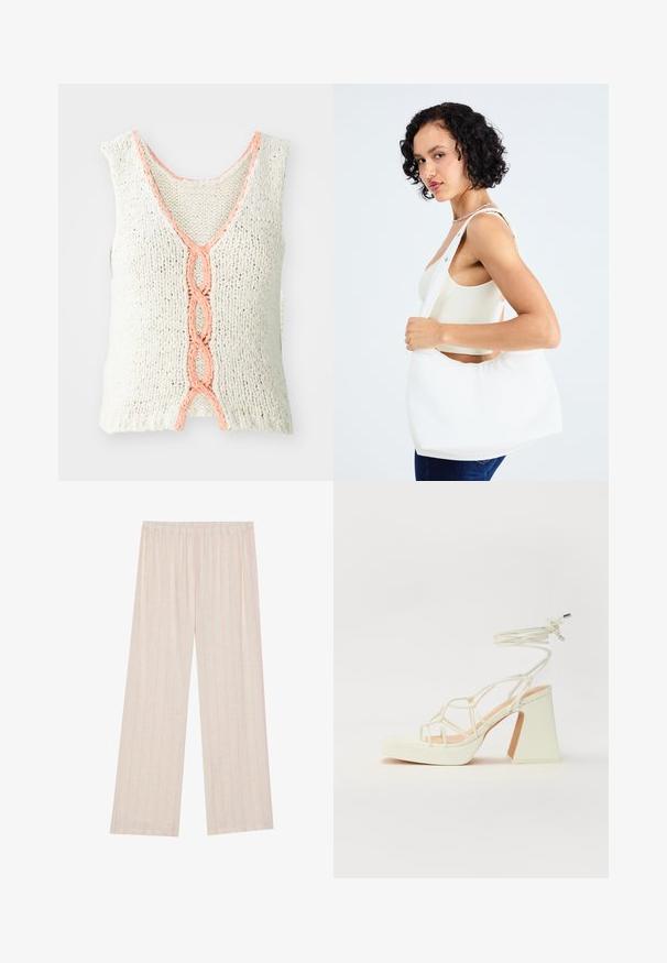 Knit sleeveless top in cream with v-neck, featuring a braided coral detail at the front. Textured fabric with loose fit.; Lightweight, pale fabric pants with vertical pink stripes, wide-leg design, and elastic waistband for comfort.; White high-heeled sandal with a chunky heel, featuring a strappy design and ankle tie. Smooth texture with a platform front for added height.; White shoulder bag made of smooth material, featuring an oval cutout and wide strap design. Simple and modern with no visible hardware.