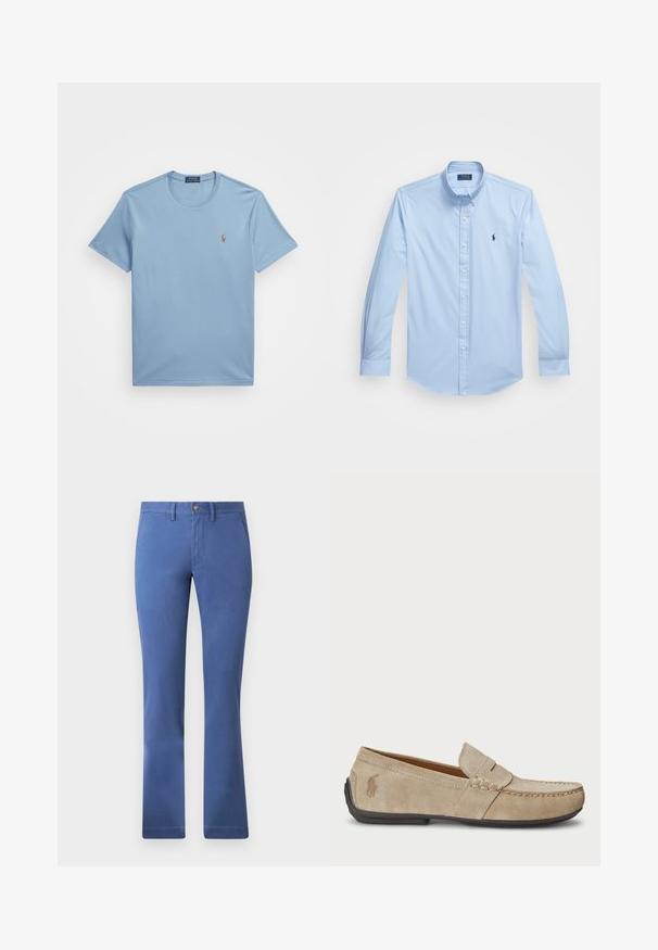 T-shirt en coton bleu clair avec un col rond et des manches courtes, présentant un petit logo brodé sur la poitrine gauche. Texture lisse.; Chemise boutonnée bleu clair en coton avec des manches longues, col pointu et logo brodé sur la poitrine gauche. Conception à l'avant plat.; Pantalons en mélange de coton bleu avec une coupe droite, fermeture à bouton, poches fonctionnelles et texture lisse. Style simple et polyvalent.; Mocassins en suede beige avec un détail cousu, semelle en caoutchouc plate et un petit logo sur le côté. Design classique à enfiler, texture douce.