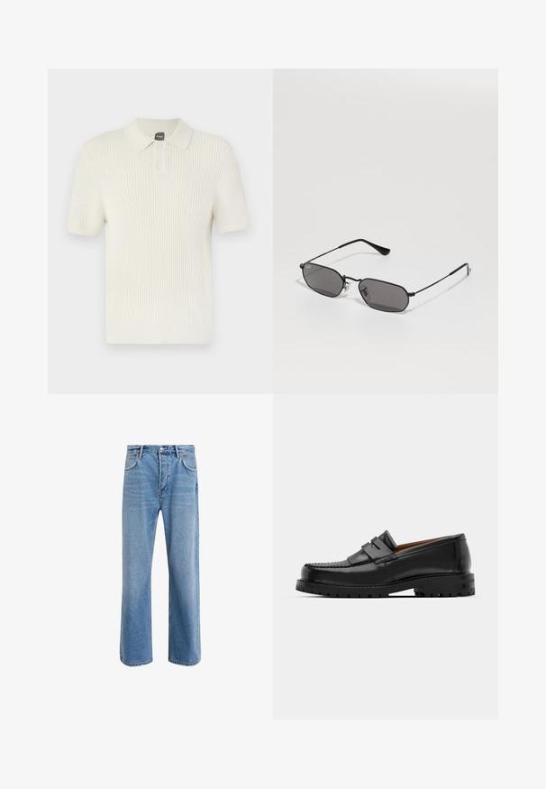 BOSS AKOPPO - Polo marškinėliai - open yellow; Šviesiai mėlyni džinsai su tiesiu kirpimu, penkios kišenės, mygtuko užsegimas, minimalus blukimas ir kontrastingi siuvimo detalės.; Juodi odiniai loafersai pasižymi pakelta siūle, dviem dekoratyviais dirželiais ant viršaus ir storu tekstūruotu padu, kad būtų užtikrintas didesnis sukibimas.; Juodos šešiakampės saulės akiniai su plonu metaliniu rėmu ir tamsiais lęšiais, gulintys ant balto paviršiaus.