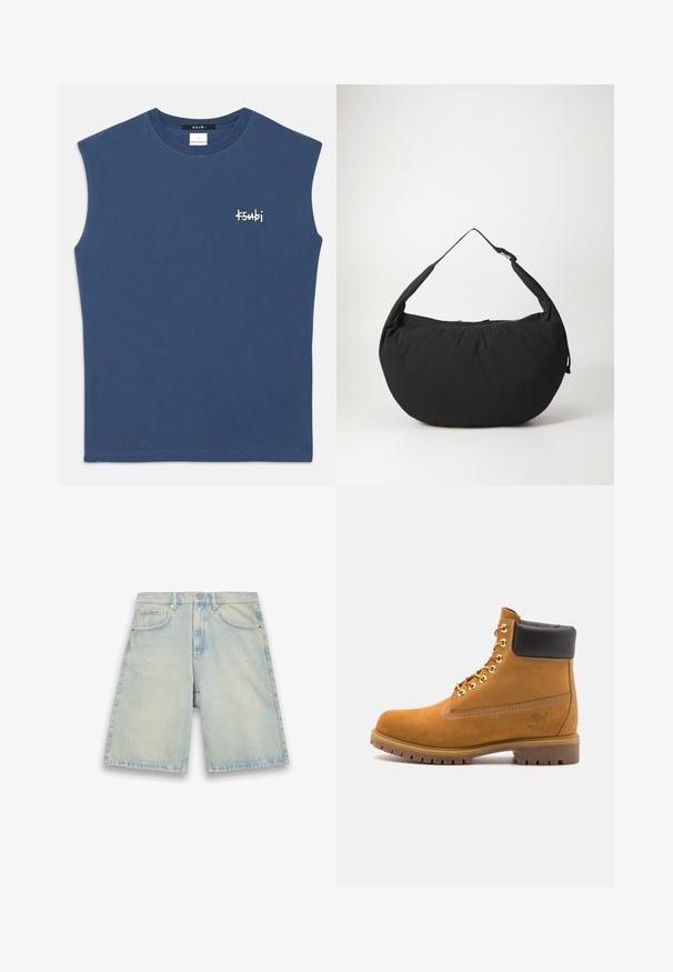 Camicetta senza maniche in cotone blu con scollatura rotonda. Presenta un piccolo logo bianco "Ksubi" sul petto. Tessuto liscio, taglio casual.; Shorts in denim azzurro chiaro con vestibilità comoda, cinque tasche, leggere abrasioni e cuciture visibili. Presentano chiusura con bottone e zip.; Stivale alla caviglia in suede tan con collare imbottito nero, occhielli in metallo dorato, dettagli in cucitura bianca e suola in gomma robusta con battistrada pronunciato.; Borsa a spalla in tessuto nero con forma curva, dotata di una sola tracolla e chiusura con zip. Texture morbida, design minimalista.