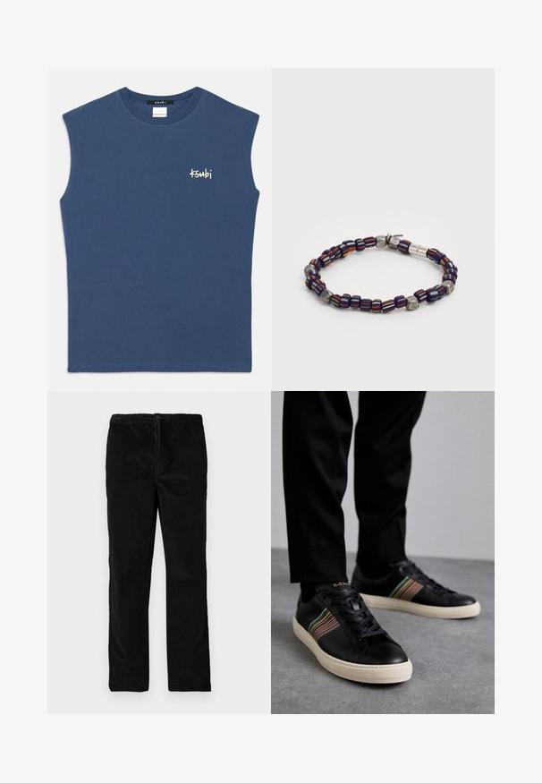 Sinine ilma varrukateta puuvillane särk ümmarguse kaelusega. Ees väikene valge "Ksubi" logo. Sile tekstuur, lõdva mõõtmega disain.; Mustad sirgedega sametpüksid, millel on elastne vöökoht ja eesotsas nöör, esitatud ühevärvilise valge taustaga.; Mustad nahast spordijalatsid mitmevärviliste triipudega aktsentide, ümmarguse nina, ja valgete kummist talladega, omades paeladese disaini ja volditud brändimist.; Käsitööna valminud helmesrihm, mis sisaldab tumesiniseid, oranže ja kollaseid triibulisi helmeid koos metalliste aktsentidega. Siledad ja tekstuuriga helmeste variatsioonid loovad visuaalset huvi.